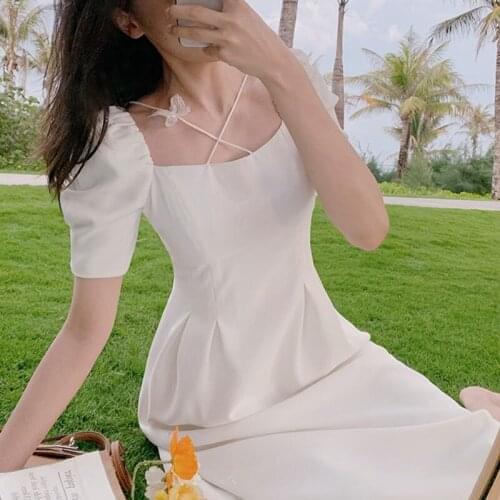 White Elegant Fairy Dress with Puffy Sleeves Retro Waist Long Skirt 2021 Summer Temperament French Fresh Wedding Banquet Clothes