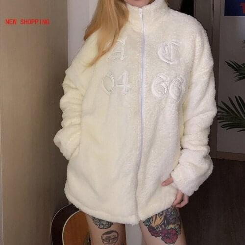 White Fleece Warm Coat Autumn Harajuku Embroidery Letters Coats Fashion Zipper Loose Streetwear Warm Stand Collar Jacket Women