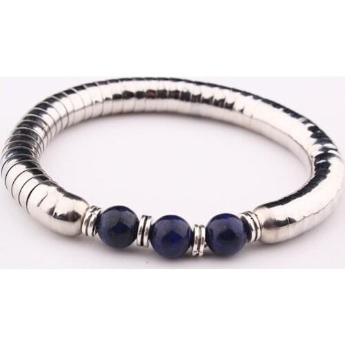 FYJS Unique Stainless Steel Connect Lapis Lazuli Round Beads Bracelet Fashion Jewelry
