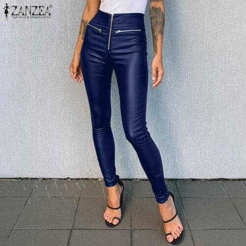 Oversized ZANZEA Women PU Leather Pants 2021 Spring Autumn Skinny Zipper Pants Casual Solid Pockets Office Lady Bottoms Palazzo