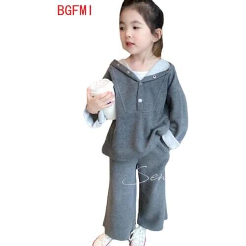 2-12 Yrs Teen Childrens Clothing Girls Fall 2021 New Sweater Hoodie +Wide-leg Pants Gray Fashion Casual Sports Set Girl Outfits