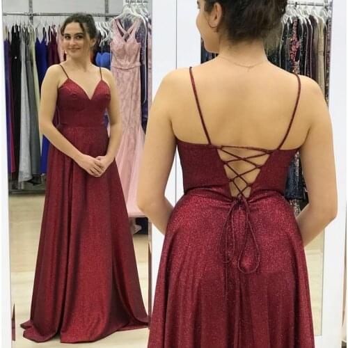 Long Burgundy V-Neck Glitter Prom Dresses with Pockets A-Line Criss Cross Back Robe De Soiree Floor Length Formal Party Gown