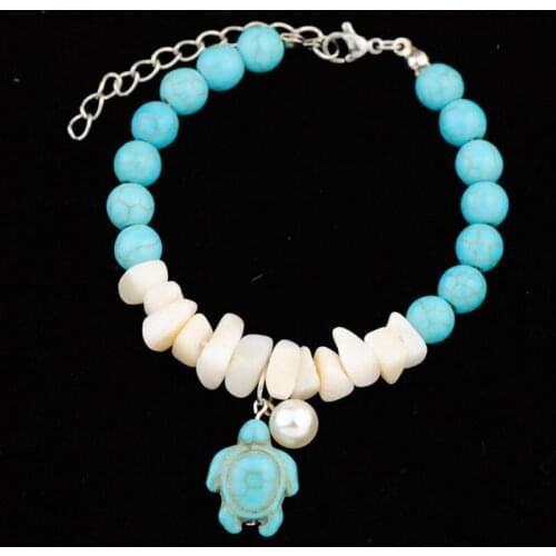 FYSL Silver Plated Tortoise Connect White shell and Green Turquoises Stone Link Chain Bracelet Ethnic Jewelry