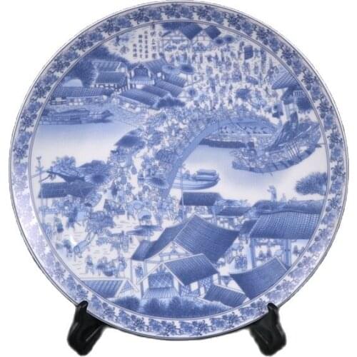 Chinese Old Porcelain Blue And White Riverside View At Qingming Festival