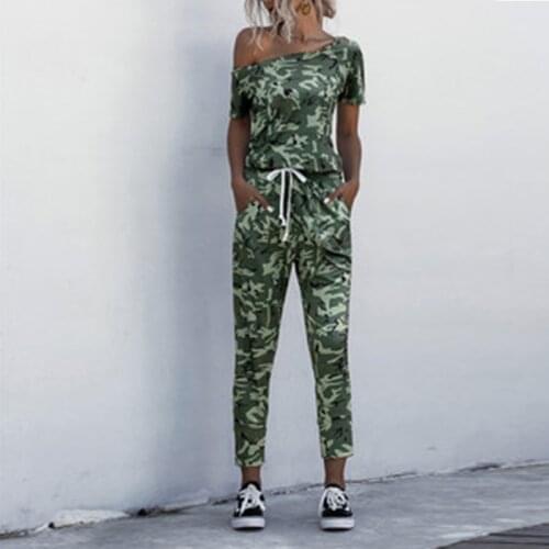 Summer Sexy Womens Casual Off Shoulder Camouflage Jumpsuits Ladies Drawstring High Waist Short Sleeve Jumpsuit Romper Trousers