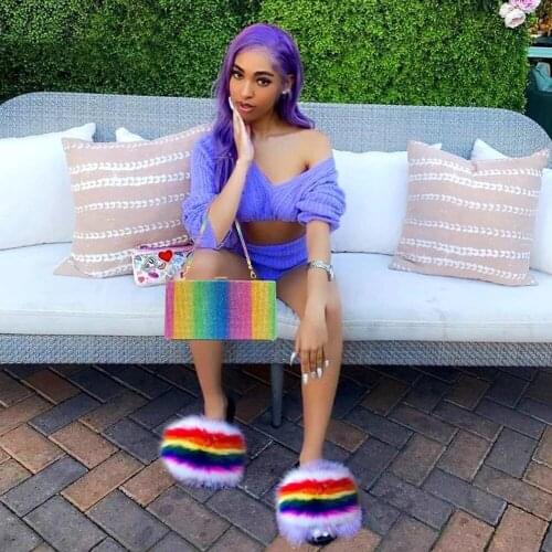 Summer Women Fluffy Fox Fur Slides Fashion Rhinestone Rainbow Bag Ladies Dinner Clutch Indoor Plush Sandals Girl Furry Slippers