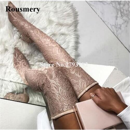 New Design Women Fashion Pointed Toe Pink Lace Embroidery Over Knee Boots Bandage Slim Style Long High Heel Boots Dress Shoes