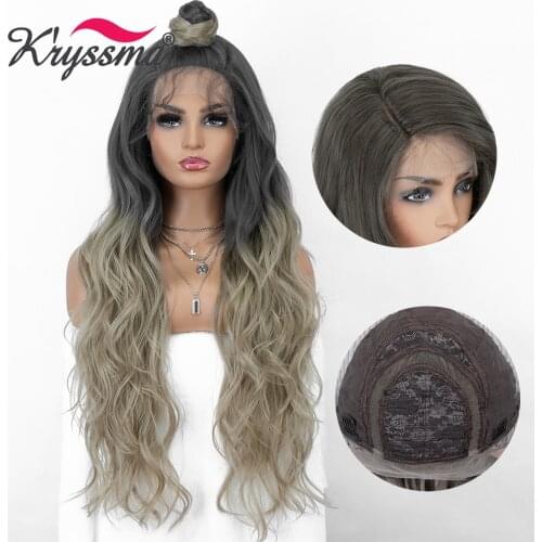 Kryssma Women Long Wave Lace Front Wig Grey Ombre Blonde Synthetic Wigs For Cosplay Wigs With Dark Roots High Temperature Fiber