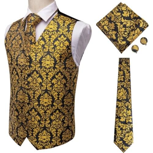 Hi-Tie Men Suit Vest Silk Waistcoat Slim Paisley Tie Cufflinks Handkerchief Formal Vest Gold/Red/Black for Tuxedo Business