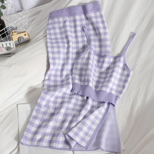 Sweet Plaid Knitted Two Piece Set Women Sexy Crop Top + Bodycon Split Skirt Set Girls Vest & Skirt Suits 2 Piece Women Outfits