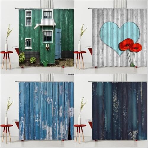 Retro Wood Board Shower Curtain Shabby Blue Wooden Grain Creative Love Heart Red Floral Polyester Home Bathroom Decor Washable