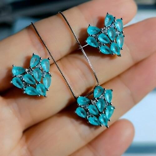 Romantic Flower Heart shape Jewelry Sets For women Cubic zirconia Blue Stud Earring Heart Pendant Necklaces bride Wedding Gifts