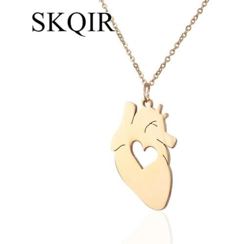 SKQIR Fashion Tiny Heart Necklaces Pendants Gold Color Stainless Steel Chain Necklace Love Gifts Women Girls Medical Jewelry