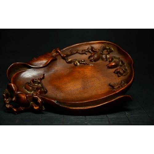 5"China Lucky Old Boxwood Hand-carved Lotus statue Lotus lotus root Pen wash Inkstone Office Ornaments Town House Exorcism