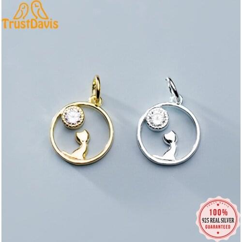 TrustDavis 2021 Fashion 925 Sterling Silver Sweet Round Cat Dazzling CZ Charm Pendant Handmade DIY Accessories Wholesale DZ34
