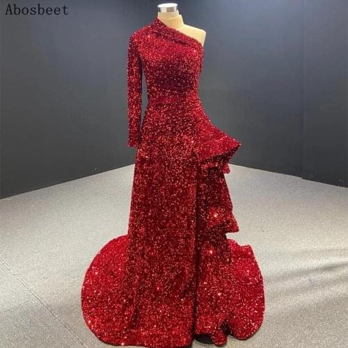 DD JYOY Shining Sequins One Shoulder Evening Dress Long Sleeve Red/Blue Simple Women Formal Party Prom Gown Small Train