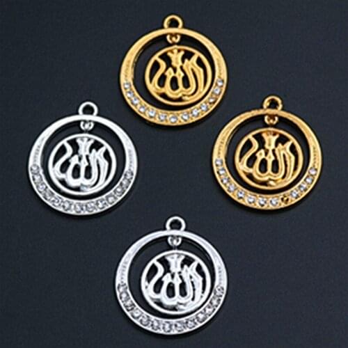 WKOUD 6pcs Silver Color/Gold Handmade Rhinestone Islamic Allah Charm Necklace Bracelet DIY Jewelry Alloy Double Ring Pendants