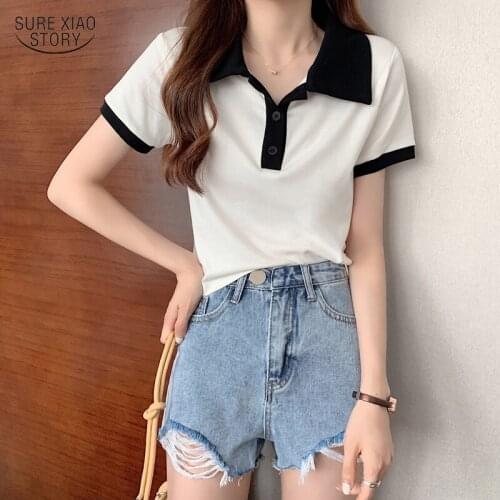 2021 Polo Collar Knitted Comfort T-Shirt Summer Korean Retro T-shirt Woman High Waist Pure Color Short Sleeve Elegant Top 15654
