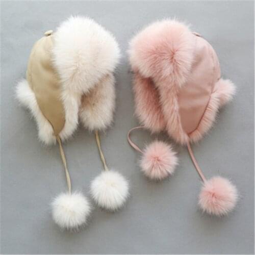 Women Fashion Winter Kids Hat Pu Leather Big Ball Fur Plush Windproof Ushanka Hat for Children Boys Girls Warm Skiing Hat