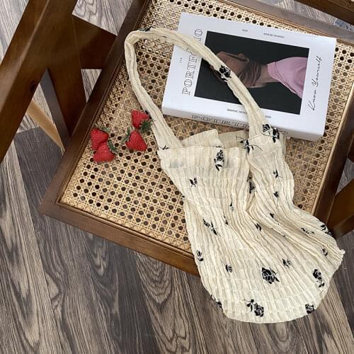 Women Pleated Chiffon Shoulder Bags Small Transparent Tote Cute Rose Print Handbag Soft Light Decoration Cloth Bag For Girls