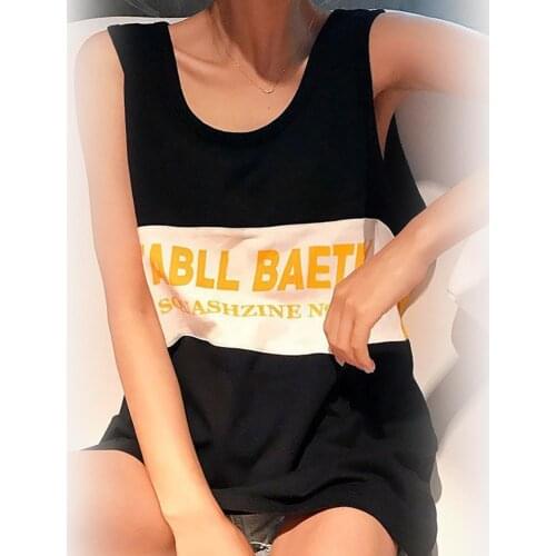 Women Sleeveless O Neck Letters Print Color Block Long Vest Tank Top Blouse