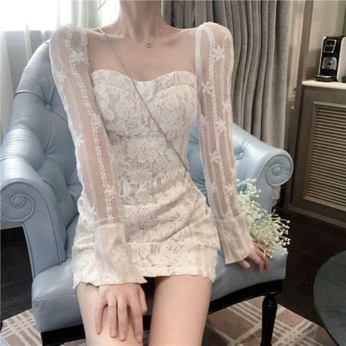 Woman Dresses Spring and Summer Lace Square Collar Dress Long Sleeve Short Dress Women Vestido De Mujer Femme Robe