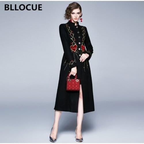 BLLOCUE High quality Autumn Winter Women Wool Long Coat Elegant Women Single-breasted Retro Love Pattern Embroidery Slim Coat