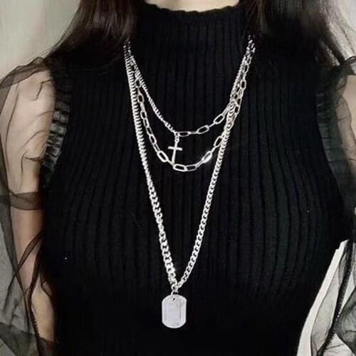 Fashion Punk Cross Metal Multilayer Necklaces Vintage Round Circle Geometric Long Chain Cool Necklace for Women Collier Collares