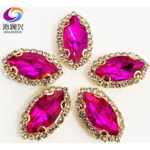 Gold bottom Rose red Top grade Glass Crystal buckle, eye shape sew on rhinestones with holes,Diy/jewelry accessories SWEKG09