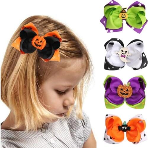 1/5pcs Halloween Decoration Hair Bows For Kids Girls Printed Grosgrain Ribbon Hair Clip Hairgrips Festival Party Hair Accessorie