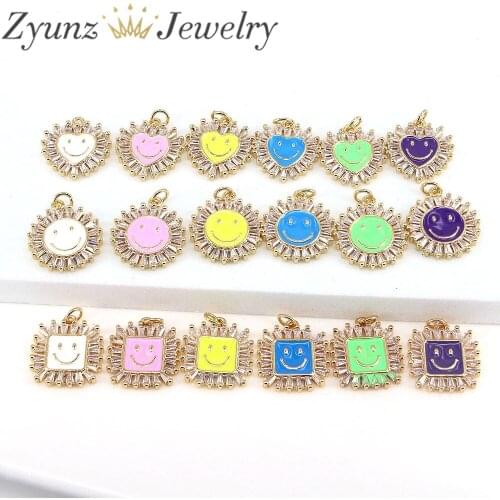10PCS, 2021 Gold Enamel Smiley Happy Face Pendant For Necklace Women Fashoin Crystal Zircon 3 Shape Colorful Smile Charm Jewelry