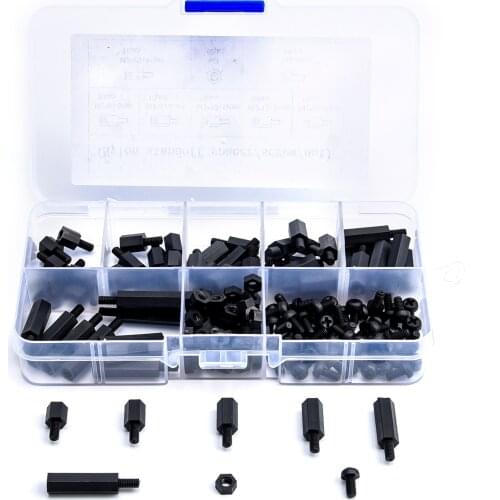 180pcs M3 Nylon Black Hex Spacers Screw Nut Assortment Kit