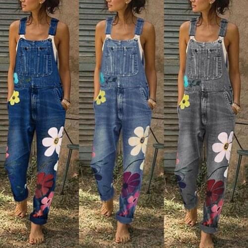 2021 Summer Womens Fashion Flower Print Denim Bib Pants Casual Sexy Long Rompers Bib Pants Jumpsuits Fast Free Shipping S-3xl
