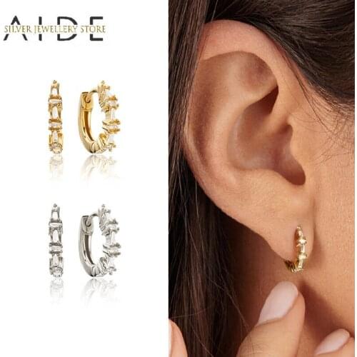 AIDE Exquisite 925 Sterling Silver Hoop Earrings for Women Mini Geometric Square Zircon Pierced Earings Fine Jewelry kolczyki
