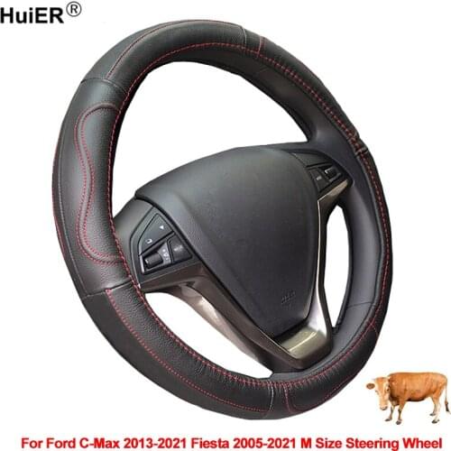 Car Steering Wheel Cover Cow Leather For Ford C-Max 2013 - 2019 2020 2021 Fiesta 2005 - 2021 M Size Braid on the Steering wheel