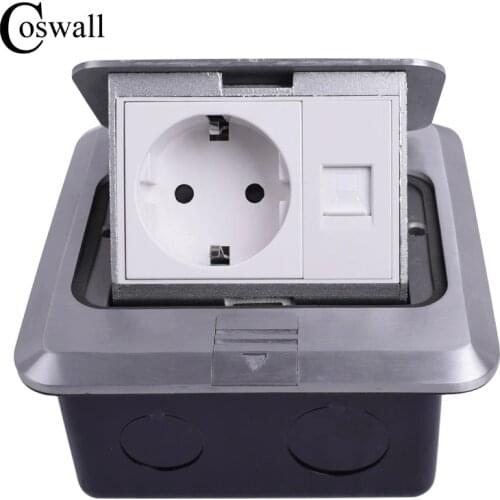 Coswall All Aluminum Silver Panel EU Standard Pop Up Floor Socket Electrical Outlet With RJ45 Internet Computer Port