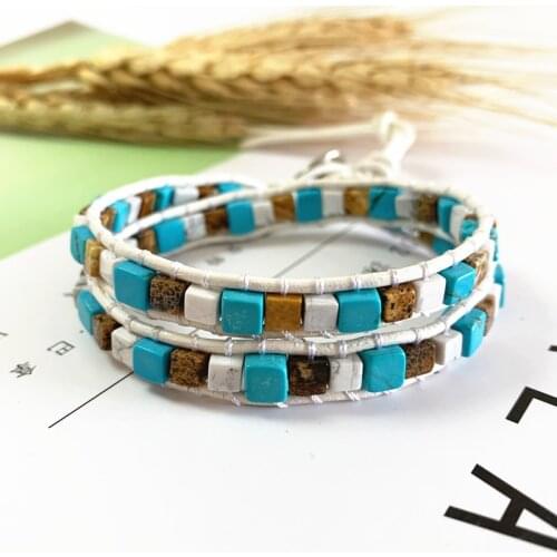 Cube Boh Square Natural Stones Single Leather Wrap Bracelet Semi Precious Stones Beaded Cuff Women Weaving Bracelet Dropshipping
