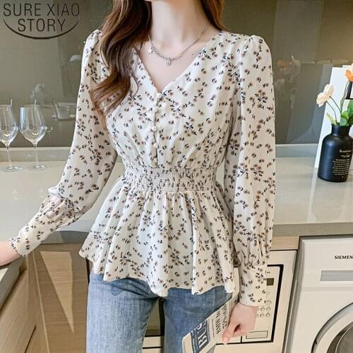 Elegant V-neck Button Pleated Blouse Women Tops 2021 New Autumn Floral Print Chiffon Shirts Long Sleeve Blusas De Mujer 16648