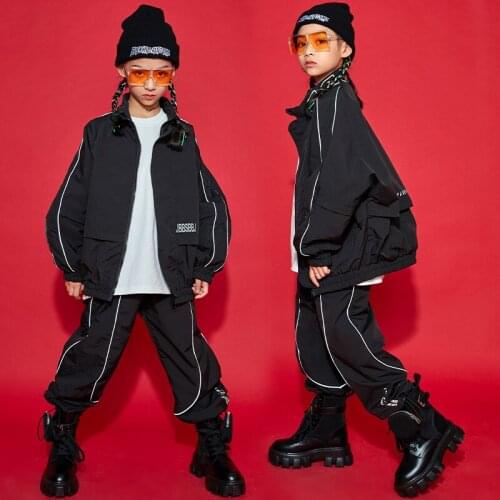 New Hip Hop Dance Costumes Jazz Outfit Long Sleeve Jacket Girls Black Tops Hop Hop Pants Boys Street Dance Clothing BL5456