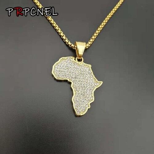 Hip Hop Africa Map Pendant Necklace Bling Rhinestone Gold Color Chain For Men/Women Gift African Jewelry Wholesale