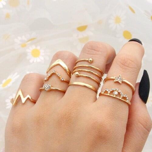 Fashion style crown five-pointed star knuckle ring set ladies crystal geometric ring fashion bohemian jewelry