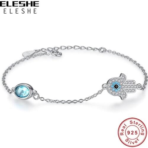 Fashion Charms Hamsa Hand Crystal Bracelets 925 Sterling Silver Blue Lucky Eye Rhinestone Bracelet Women Jewelry