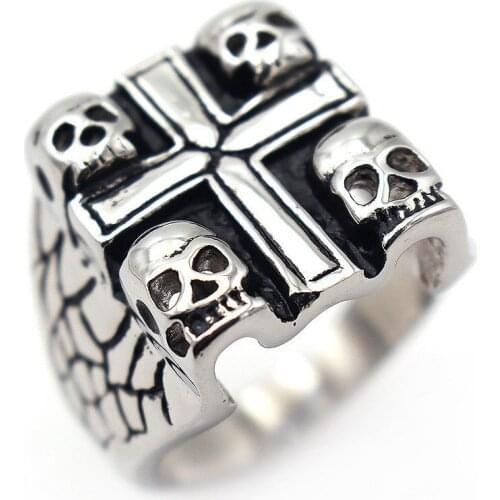 Punk Retro Skull Crucifix Ring Trend Domineering Mens Titanium Steel Silver Plated Ring Fashion Mens Motorcycle Party Jewelry