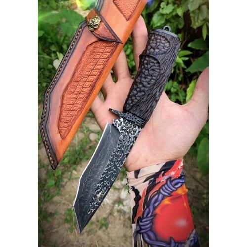 VG10 Damascus Steel Straight Knife Steel Head and Ebony Handle Fixed Blade Knives Outdoor Survival camping Knives