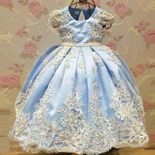 Blue Pearls Sash Bow Flower Girl Dress For Lace applique Cap sleeve First Communion Dress Banquet party Dresses