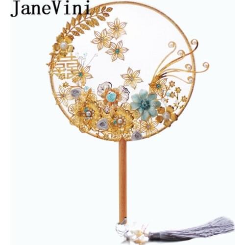 JaneVini Vintage Blue Bride Fans Rhinestone Gold Leaf Flowers for Wedding Bouquet Crystal Pearls Bridal Fan Bouquet Mariage Rose