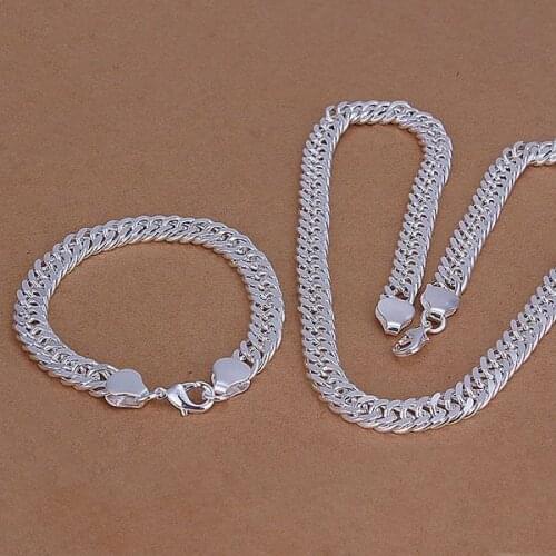 S141 Hot Sale Free Shipping Silver Fine Jewelry Sets,Wholesale 925-Sterling-Silver Charms Fashion10M Curb Bracelet Necklace S141