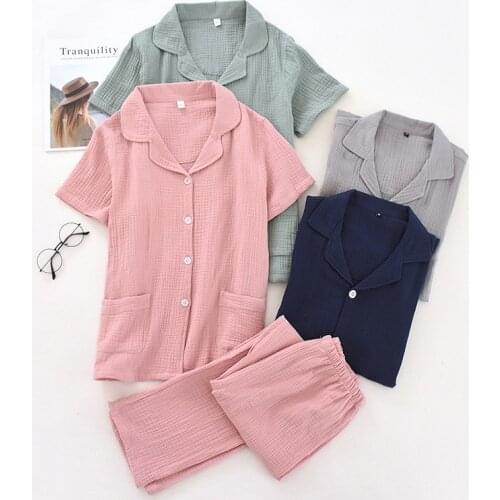 Japanese spring and summer couples 100% cotton crepe short-sleeved trousers suit men pajamas home service women pink pajama set