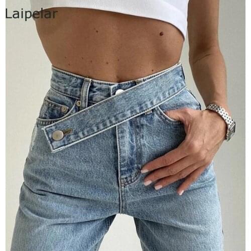 Fall 2020 Womens Fashion Retro Jeans Belt Design High Waist Straight Wide Leg Denim Trousers Casual Jeans