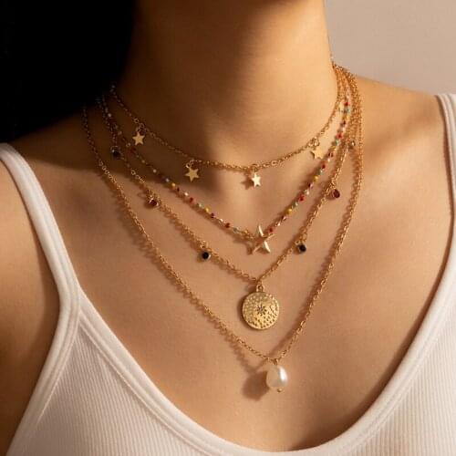 Ladies Fashion Creative All-Match Jewelry Bohemian Color Rice Beads Five-Pointed Star Pearl Pendant 4-Layer Necklace